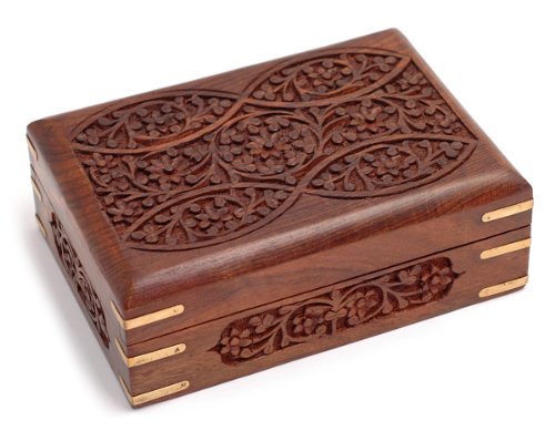 Ornate Hand Carved Wooden Tarot Card/Trinket Box with Brass Corners