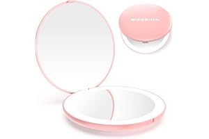 WOBSION Mini Led Specchietto da Borsetta,LED Specchio Piccolo Specchio 10x Con Luce,3.5 Pollici,Specchietto da Borsa,Specchio Portatile,Regalo per Ragazza,Compatto Pieghevole,Specchio da Viaggio,Rosa