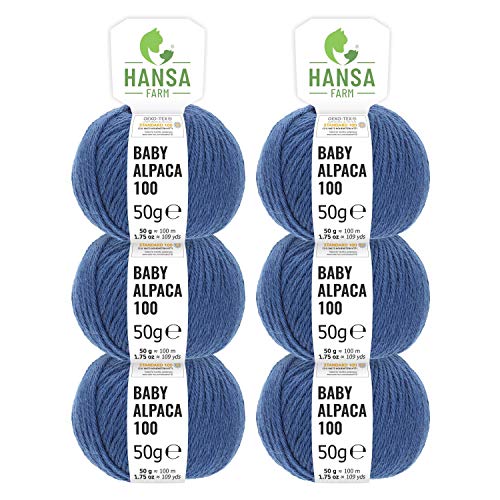 HANSA-FARM 100% lana de alpaca en más de 50 colores (no pica) - Set de 300g (6x 50g) - Suave hilo baby de alpaca para punto y ganchillo en 6 grosores azul tejano