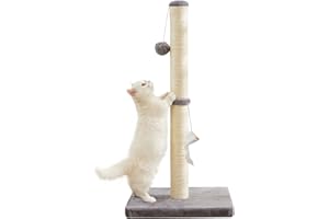 JR JUMIAR 2024 Newest 80cm Tall Cat Scratching Post, 31.5'' Natural Sisal Scratch Post for Large Cats with Teasing Hanging Ball and Mouse, Soft Plush, Carpet Covered Heavy Base for Kitten and Adult Cats