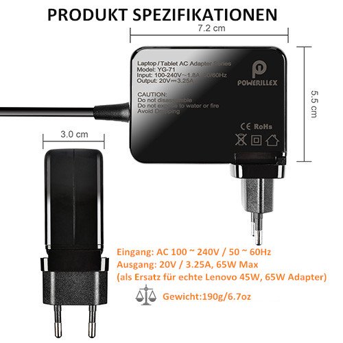 POWERILLEX 65W Ladekabel für Lenovo Yoga 710 (11″ 14″ 15″), Flex4 (14″ 15″), Ideapad 110 310 510 510S 710S (13″ 14″ 15″ 17″) ThinkPad N22 Chromebook 100s mit 5.5FT Netzkabel - 3
