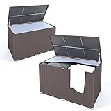 Unsere rostfreie Alu-Poly-Rattan-Kissenbox Supersize (950 Liter) bietet Ihnen nicht nur gewaltigen Stauraum für Ihre Kissen und Auflagen sondern sie sieht dazu auch noch umwerfend gut aus. Die Gasdruckfedern ermöglichen ein einfaches Öffnen und Schließen der Box.