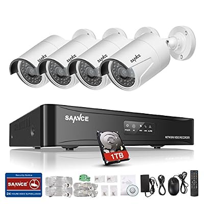 SANNCE 4CH 1080P HD PoE NVR Système de Caméra de Surveillance 4 POE IP Caméra de Sécurité Intérieur/Extérieur Etanche 2.0 Megapixels Accès à Distance via Smartphone/PC avec Disque Dur de 1TB