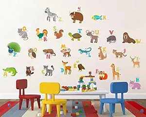 Paper Plane Design Rectangular ABCD English Alphabets Animals Name Baby Wall Sticker (PVC Vinyl, 105 cm X 0.1 cm X 90 cm, Multicolour)