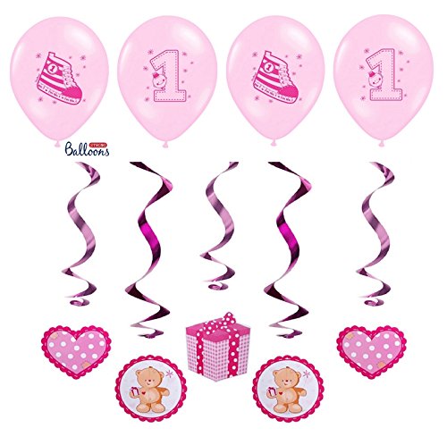 FesteFeiern® Swirl Hängedekoration 5x je 60cm + 4x Latex Helium Luftballons;Ergänzung zum Party Set 1. Geburtstag Mädchen pink rosa bunt