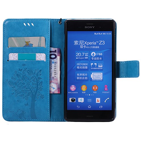 Sony Xperia Z3 Hülle Blau im Retro Wallet Design,Cozy Hut Sony Xperia Z3 Hülle Leadertasche Premium Lederhülle Flip Case im Bookstyle Folio Cover Kartenfächer Magnetverschluss und Standfunktion Leder Schale Etui für Sony Xperia Z3 (5,2 Zoll) Handytasche Schutzhülle Katzen und Bäume Muster – blau - 3