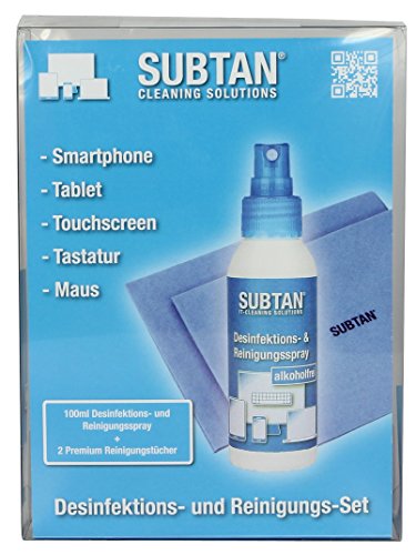 SUBTAN Desinfektions- und Reinigungs-Set für iPhone, iPad, iPad Pro, MacBook, MacBookPro und andere Smartphones, Tablets und Computer – 100 ml Desinfektions- und Reinigungs-Spray + 2 x Reinigungstücher Premium – der praktische Display- und Oberflächenreiniger im Set zum desinfizieren und entkeimen ohne Alkohol auf Wasserbasis und reinigen von Oberflächen im IT-Bereich - 2