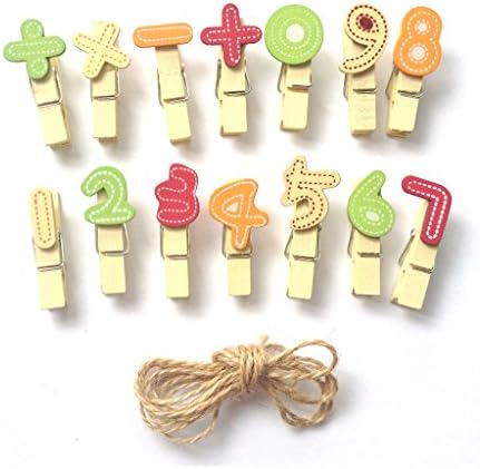 LWR Crafts Wooden Mini Clothespins Numbers 28 Pieces and Jute Cord 8ft