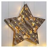 HI - Beleuchteter Holzstern - Dieser schöne Stern ist ideal als Dekoration für Ihr Fenster, aber auch an der Wand oder an der Tür sieht dieser Kranz toll aus. Die detailreichen Schnitzereien mit 12 warm-weißen LED's bringen in Ihre Wohnung. - Holzstern - Farbe: braun - Mit 12 warm-weißen LED - Detaillierte Schnitzereien - Zuleitung ca. 30 cm - Nur für den Innengebrauch - Durchmesser: ca. 33 cm - Material: Kunststoff, Holz - Benötigte Batterien: 2x AA/LR6 (nicht enthalten) - Gewicht: ca. 335 g