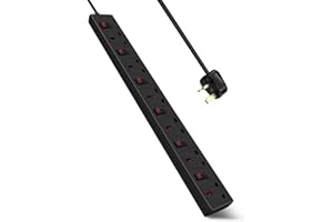 ExtraStar 6 Way Extension Leads with Surge Protection, Wall Mounted Power Strips with Individual Switches 13A UK Plug (1M, Black)