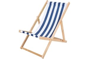 IMPWOOD Liegestuhl klappbar Holz - Sonnenliege aus Buchenholz bis 120 Kg Holzklappstuhl für Balkon, Strand und Terrasse & Camping - Gartenliege Strandliege (Blau-Weiß gestreift)