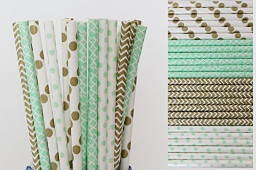 Gold and Mint Green Paper Straw Mix - Polka Dot, Damask, Chevron (25) by Creative Juice Cafe
