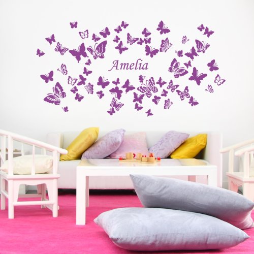 Personalised Girls Name in Butterflies Childrens Wall Sticker - Art Vinyl Decal Transfer, Bedroom, Lounge, Easy to Apply, Free Applicator, Easy Peel - Please Message Us With Your Required Name (Please Choose Your Size & Colour Using the Selection Boxes) - by Rubybloom Designs