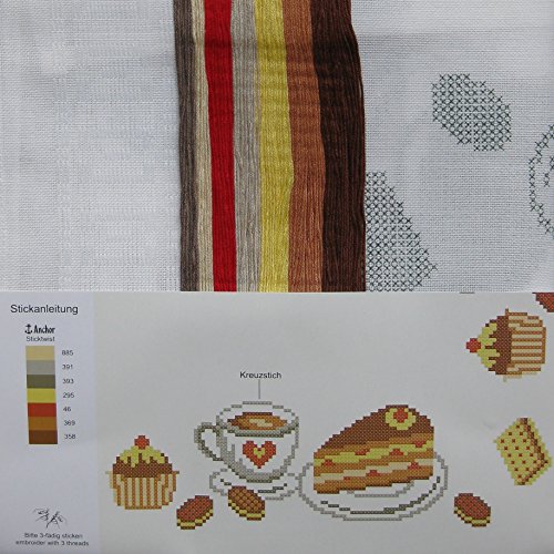 Stickpackung KAFFEE & KUCHEN / Komplettes Vorgezeichnetes Tischdecken Set zum Sticken / Stickset mit Stickvorlage für Erwachsene / Sticken im Kreuzstich - 2