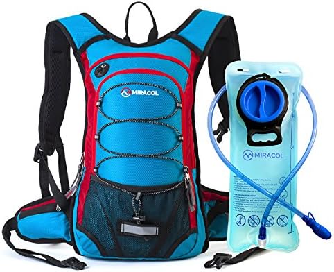 Miracol Hydration Backpack with 2L Water Bladder - Thermal Insulation Pack and Flow Tube Keeps Liquid Cool up to 4 Hours – Multiple Storage Compartment – Best for Hiking, Runing, Cycling, Skiing (Blue + Red)