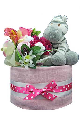 New 1 tier Pink Nappy Cake with Sock Bouquet & Zebra for baby girl (maternity, shower gift present)