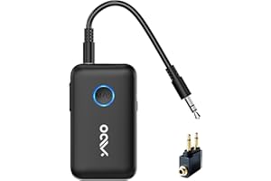 YMOO B06T1 Bluetooth 5.3 Transmitter Receiver with Airplane Adapter, 3.5mm Jack AUX Adapter for Airplane, 22H 30M Long Range AptX Low Latency for Speaker/Phone/Tablet/PC/Gym/Home Stereo