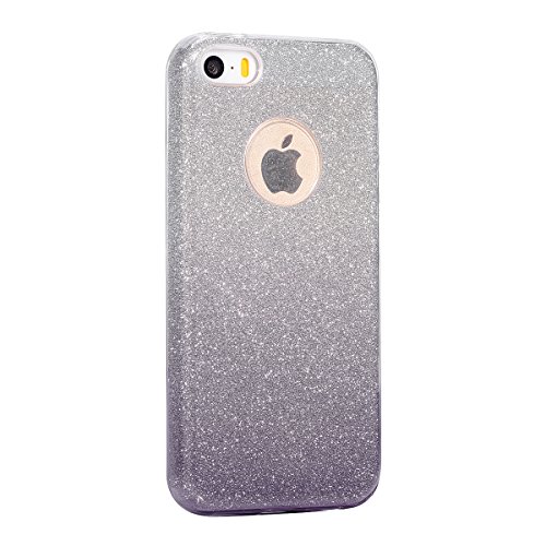 Felfy iPhone SE Hülle,iPhone 5S Schutzhülle Glitzer Hülle,iPhone 5 Schutzhülle Case TPU Bumper Case Soft Silikon Gel Schutzhülle Gradient Shinning Glitzer Bling [Weiche TPU Abdeckung + Glitzer Papier + PP innere Schicht] [Drei in Einem] Schutzhülle Schutzhülle Tasche Silicone Rückseite Hülle Etui Cover für Apple iPhone SE/5S/5 (Gradient Grau Schwarz) + 1x Schwarz Stylus + 1x Screen Protector - 7