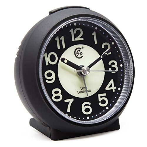 JCC charmante leuchtende kleine runde Handheld Größe nicht ticking Quarz Schreibtisch Uhr Wecker Reisewecker mit Licht Nacht, Snooze Funktion – batteriebetrieben (matt – schwarz) - 2