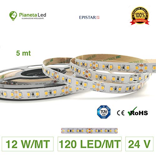 ROTOLO 5 METRI STRISCIA 600 LED 2835 SMD LUCE MONOCOLORE A SCELTA 5 MT 24 V DC CON BIADESIVO 3M MOD. PREMIUM (3000 K luce calda (warm white))