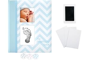 Pearhead First 5 Years Chevron Baby Memory Book with Included Clean-Touch Baby Safe Ink Pad to Create Baby's Handprint or Footprint, Keepsake Milestone Journal, French Language, Blue