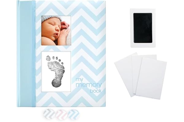 Pearhead First 5 Years Chevron Baby Memory Book with Included Clean-Touch Baby Safe Ink Pad, Keepsake Milestone Journal, UK English Version, Blue
