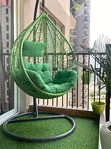 Golden Age Single Seater |Swing Chair with Stand & Cushion & Hook Outdoor Indoor| Outdoor| Living Room | Balcony | Garden | Patio | Home Improvement (Stand- Brown, Basket- Green, Cushion-Green)