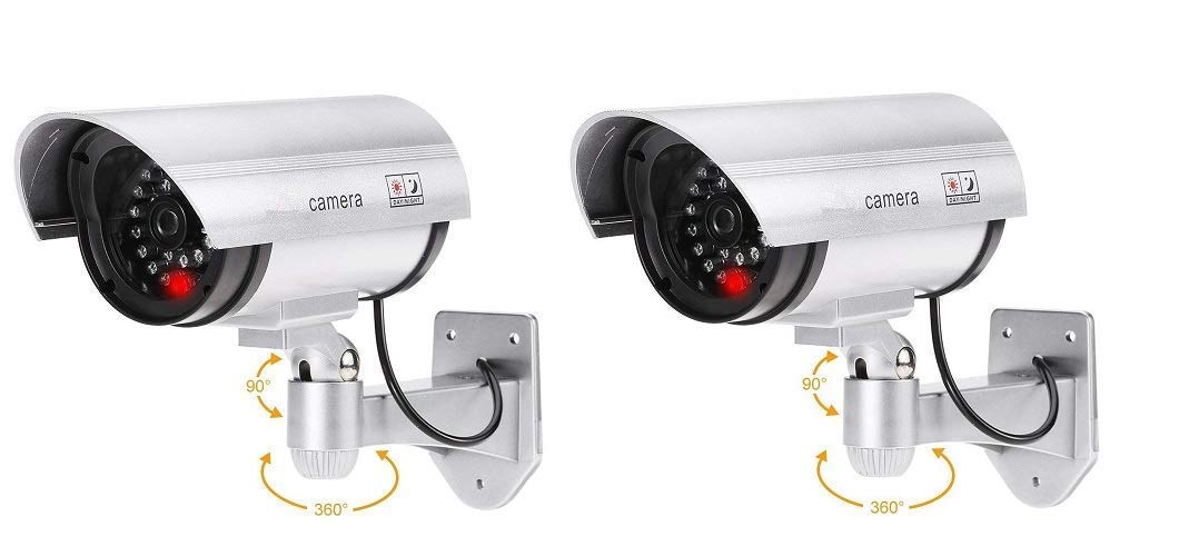 WICHARSHIR Security CCTV False Outdoor Camera Fake Dummy Security Camera Realistic Looking Dummy Security CCTV Fake Bullet Camera with Flashing LED Light Indication, Silver