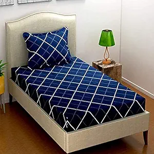 ENGUNIAS Single Bed Cotton Checkered Feel Glace Single bedsheet with 1 Pillow Covers (Blue)