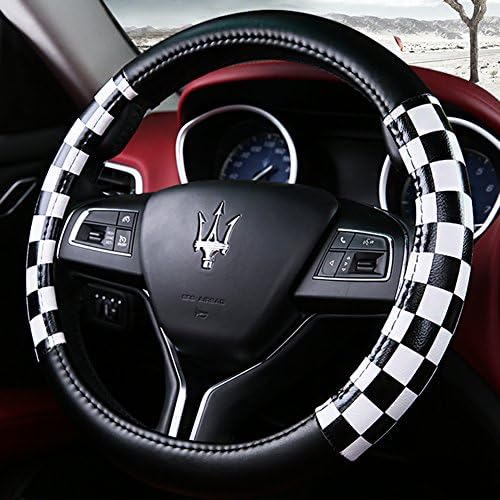 DIXIUZA Universal Leather Steering Wheel Cover PVC Lattice Shape Comfort Durability Safety Fit 38cm/15 inch Car Vehicle (Black-White)