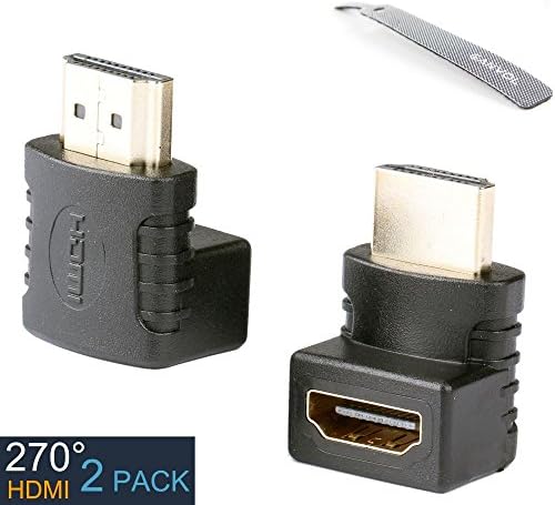 Ganvol (2 Pack) 270 Degree Angle HDMI Adapters with Self Gripping Hook &amp; Loop Cable Tie, HDMI Elbow Adapter Male to Female, Gold Plated Connector (Stop the HDMI cables from sticking out from the flat TV side)