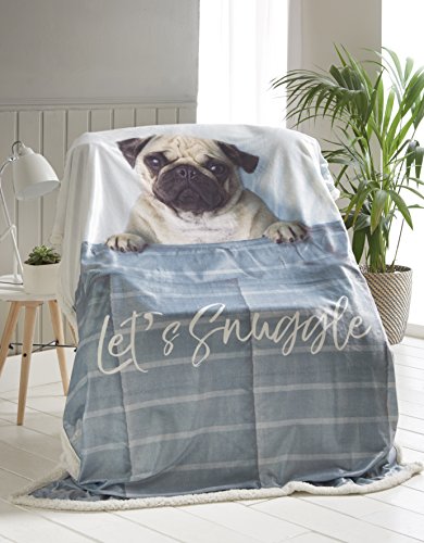 Sleepdown 3D Sherpa Reverse Digital Animal Print Throw Super Cozy, Pug Dog Plush & Cuddly Throw