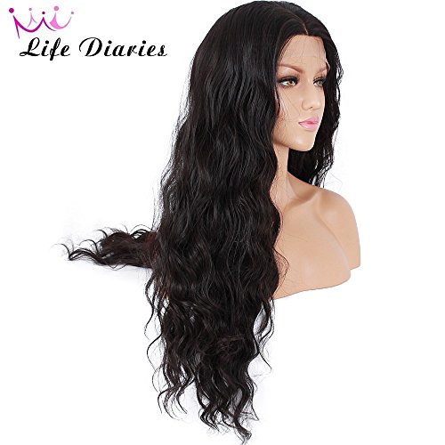 Life Diaries 250%Density Fashion Long Natural Wave 10%Human Hair+90%Heat Resistant Fiber Glueless Lace Front Synthetic Wig For Women(26″,Black) - 4