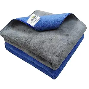 SOFTSPUN 750 GSM, Microfiber Double Layered Cloth 40x60 Cms 2 Piece Towel Set, (Blue+Grey) Extra Thick Microfiber Cleaning Cloths Perfect for Bike, Auto, Cars Both Interior and Exterior.