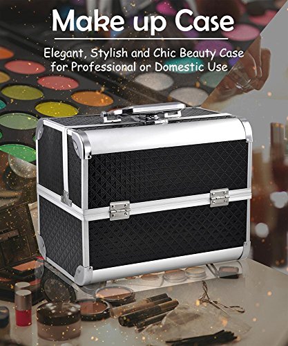 Popamazing Aluminium Beauty Cosmetic Vanity Case Box for Pro Make Up/Nail Art/Travel/Storage (Black) (31.5 x 21.5 x 27cm, Black)