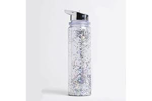 Swan household ® - 500ml Glitter Water Bottles With Flip Open Straw (Silver)