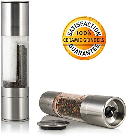 2-in-1 Salt & Pepper Grinder in Stainless Steel with Dual Ended Adjustable Ceramic Mills; Salt and Pepper Mill; Herb Grinder; Spice Grinder; Combined Salt and Pepper Shaker Set! 100% Satisfaction Guaranteed! by Grand Kitchener