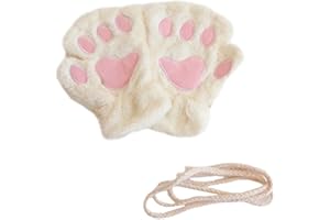 FloralGrace 1 paio di artigli per gatti a mezze dita guanti da donna e ragazza, simpatici cartoni animati caldi gatto artiglio zampa inverno peluche caldo senza dita cavezza in pile, bianco, L