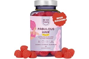 BE SO HAPPY Vitamine per Capelli Gommose, Biotina 6.000 mcg + Acido Folico, con Vitamine C, B6, B12, A, D, E, Selenio e Zinco, 60 Giorni, Integratore Capelli con Gusto Fragola, Vegan, BeSoHappy.