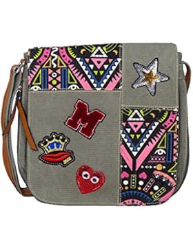 Umhängetasche Canvas Style mit Aufnäher, Stern, Pailetten und grafischem Muster - Maße 23 x 25 cm - Damen Mädchen...
