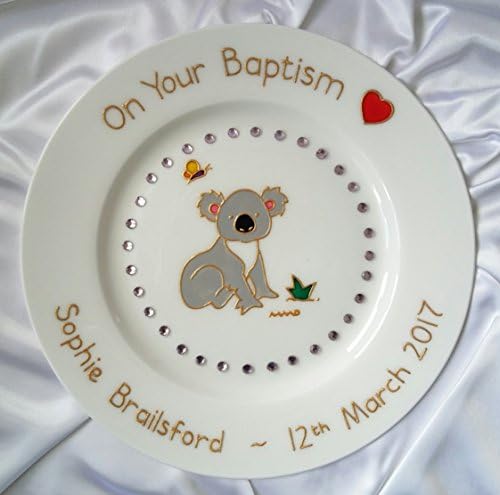 Bespoke Bone China Pink Koala Baby Plate - Hand painted Baby Announcement Present - Unisex Christening Gift