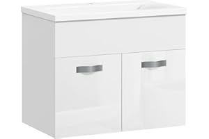 kleankin Mobile Bagno Sospeso con Lavabo, Mobile a 2 Ante con Lavandino e Cerniere Ammortizzate, 61x40x50cm, Bianco Lucido