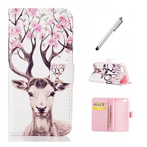 MUTOUREN Hülle für iphone SE iphone 5 5s Schutzhülle [Kratzfeste, Scratch-Resistant] Bookstyle PU Lader HandyHülle Tasche Wallet Flip Case Lederhülle Brieftasche mit Standfunktion Kartenfächer Magnetic schließt Painted Muster- Hirsch + Metall Stylus Stift