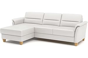 ‎CAVADORE CAVADORE Leder-Ecksofa Palera mit Longchair / Landhaus-Couch mit Federkern + massiven Holzfüßen / 244 x 89 x 163 / Leder Weiß