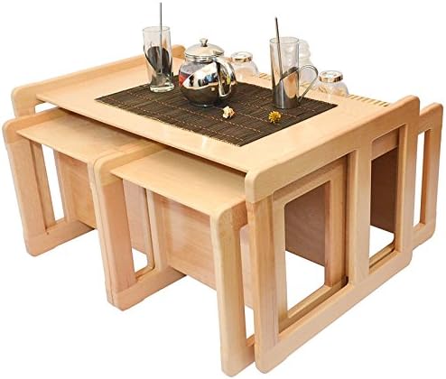 3 in 1 Adults Multifunctional Nest of Coffee Tables Set of 5 or Children's Multifunctional Furniture Set of 5, Four Small Chairs or Tables and One Large Bench or Table Beech Wood, Natural