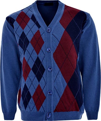 ambergloss Mens Diamond Pattern Knitted Cardigan V Neck Button Closure Long Sleeves (UK M, Light Blue)