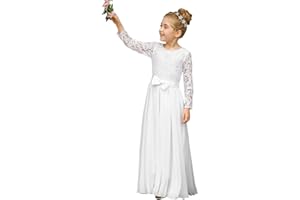 AIBAOWEDDING Kinder Boho Lang Spitzenkleid 3/4 Ärmel Chiffon Kleid mit Gürtel und Schleife/Chic A-Linie Cocktailkleid Brautjungfernkleider Blumenmädchenkleider für Mädchen 2-12 Jahr …