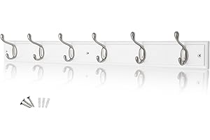 keypak Coat Hooks Wall-Mounted, 68cm White Wooden Board, Satin Nickel 6 Double Hooks, Classic Coat Rack - Fixings Included