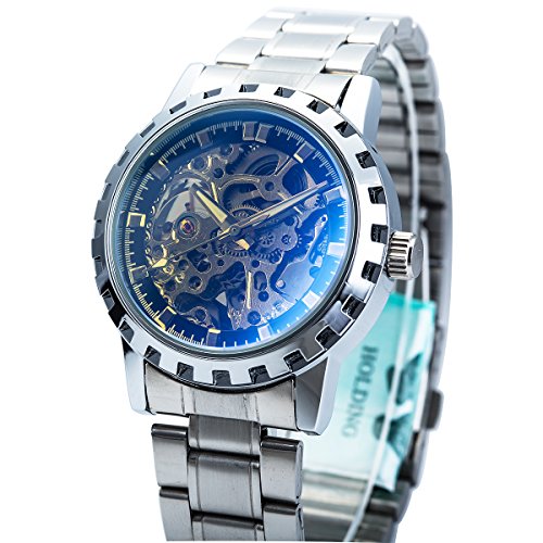 Steampunk mechanisches Men's automatische Edelstahl-Skeleton Armbanduhr + Geschenkkarton Steampunk mechanisches Men's automatische Edelstahl-Skeleton Armbanduhr + Geschenkkarton