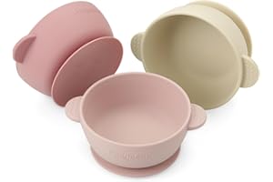 PandaEar 3 Pack Silikon Baby Schüsseln mit Saugnapf| Kinderschüssel Baby Breischale Silikonschüsseln| Lebensmittelqualitt Weiches BPA-freies Silikon (Rosa/Rosenrot/Leinen)